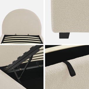 Lit coffre avec sommier à lattes et tête de lit. finition bouclette. blanc. L 206 x P 104 x H 102cm