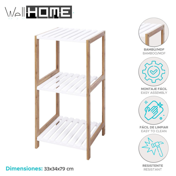 Well home estantería de baño con 3 estantes en mdf y patas de bambú h.79cm