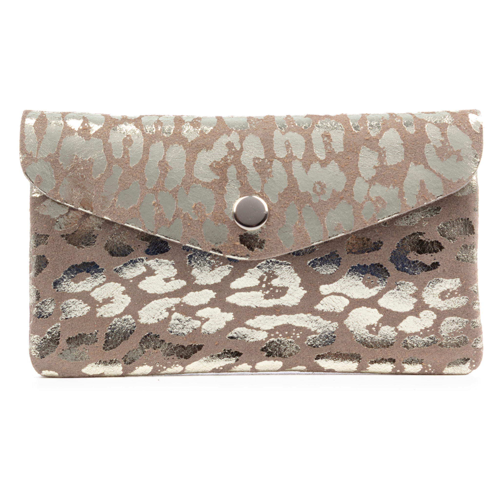 Alseno portafoglio allungato donna. Pelle Scamosciata autentica, design stampa animale leopardata, laccato lucido.