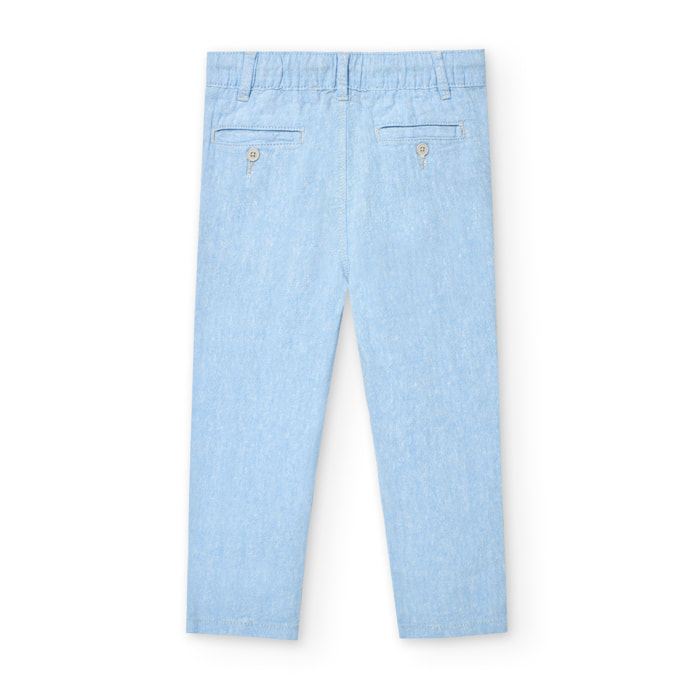 Pantalón de lino niño liso, azul celeste, cierre de botón