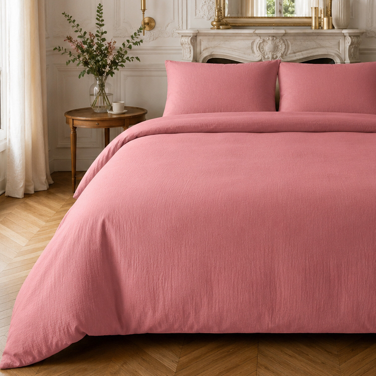 Parure housse de couette 100% gaze de coton unie rose, RELAX