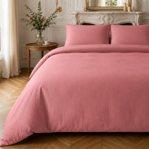 Parure housse de couette 100% gaze de coton unie rose, RELAX