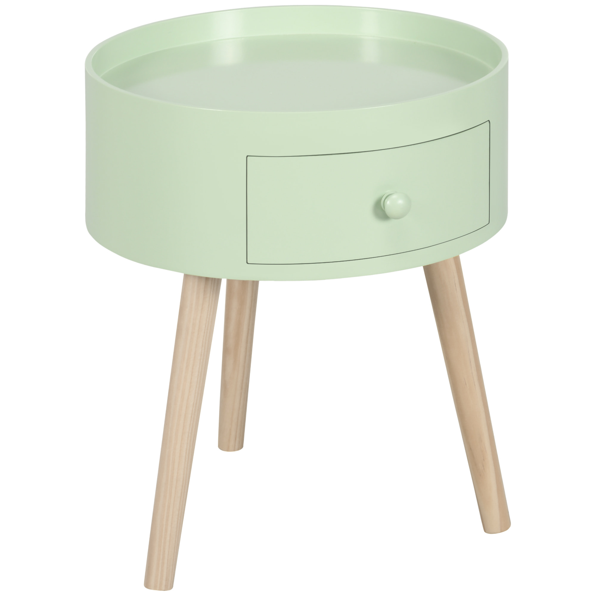 Chevet table de nuit ronde design scandinave tiroir bicolore pieds effilés inclinés bois massif chêne clair vert