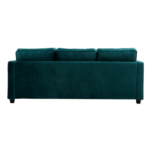 Canapé design 3 places en tissu velours bleu pétrole et bois noir BROOKLYN