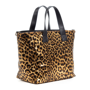 Cassandra bolso tote mujer. Piel auténtica Gamuza, animal print leopardo, lacado brillante.