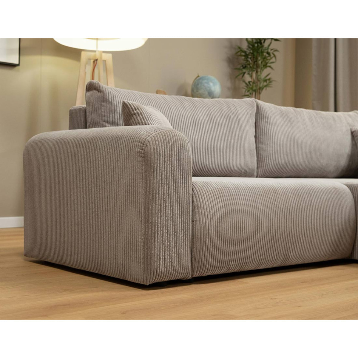 Naomi - Canapé d'angle réversible 4 places convertible avec coffre en velours côtelé - Taupe