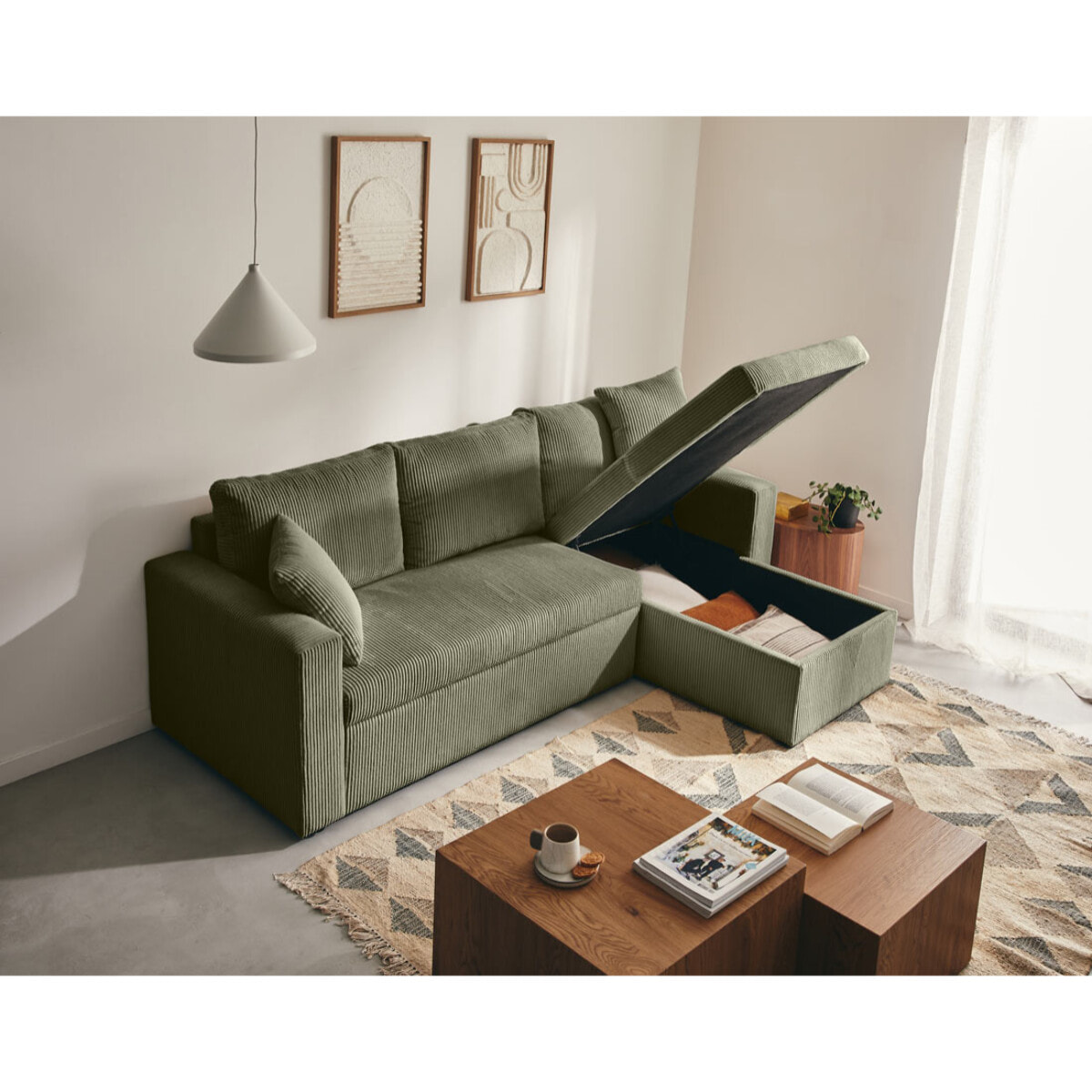 Cyrus - canapé d'angle réversible 4 places - convertible avec coffre - en velours côtelé - Vert