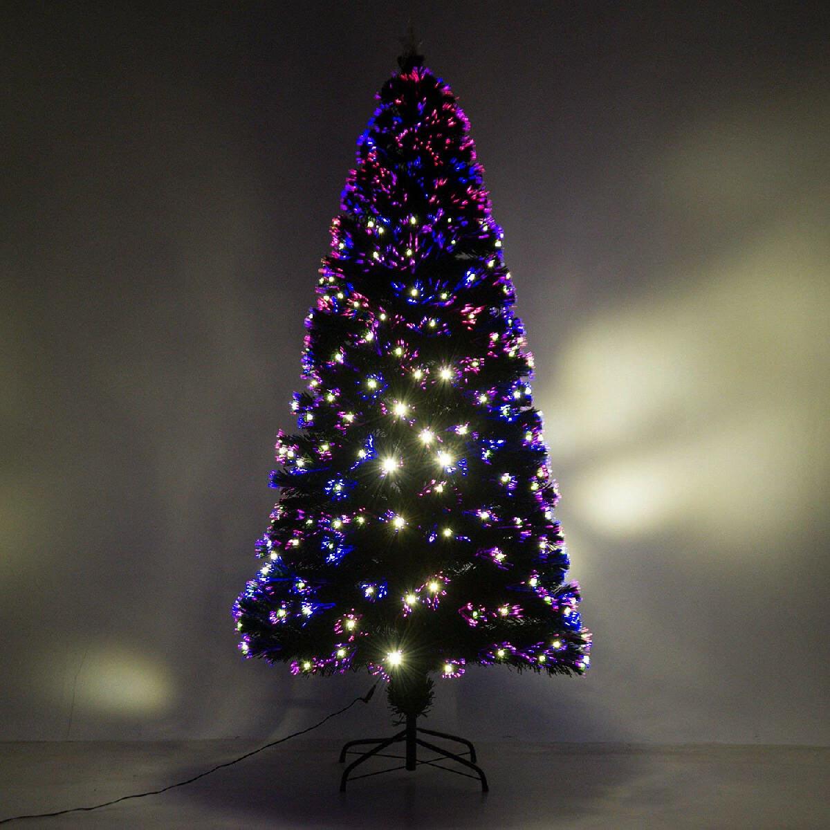 Sapin de Noël artificiel lumineux fibre optique LED multimode multicolore + support pied Ø 82 x 180H cm 230 branches étoile sommet brillante vert