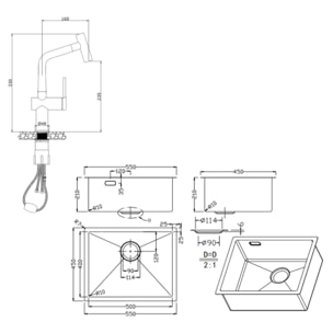 Timeless 55x45x21 cm évier sous plan en inox 304, 1 bac + mitigeur inox avec douchette extractible, or brossé (TMLKSU-5545BG-M1)
