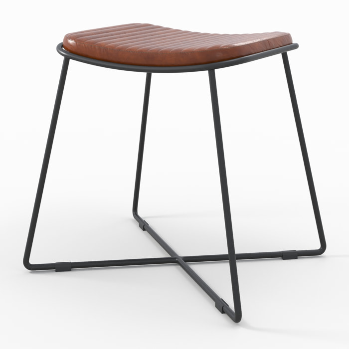 Tabouret en cuir marron et pieds en métal noir - Germain