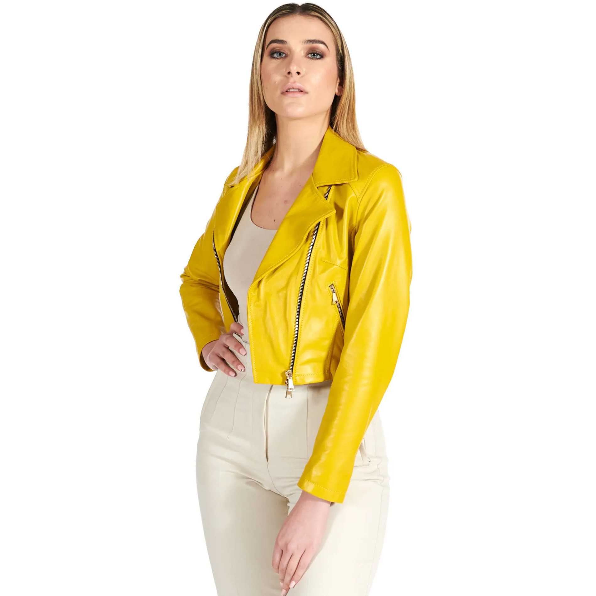 Giacca corta in pelle giallo stile chiodo