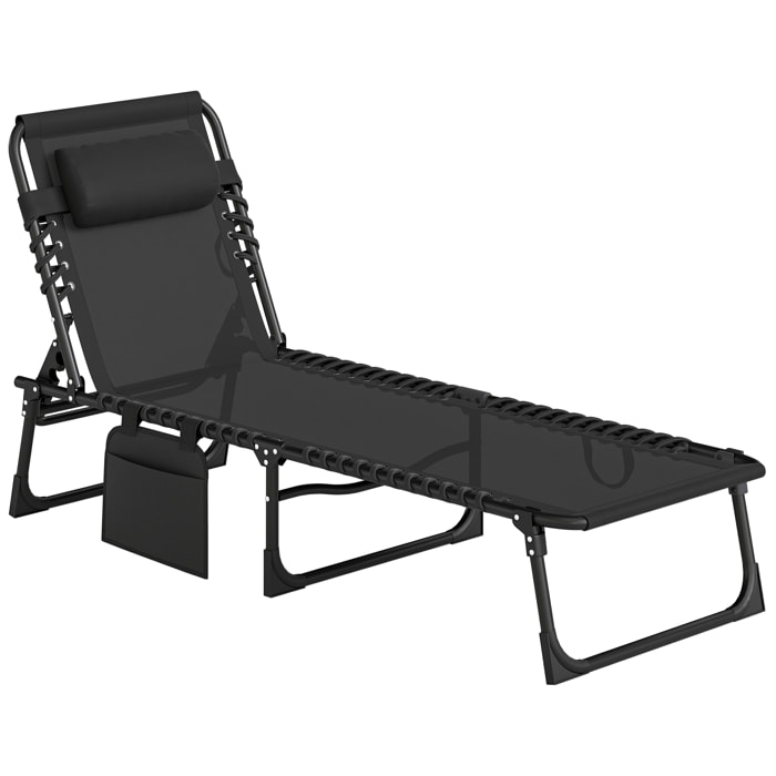 Bain de soleil transat pliable dossier inclinable acier époxy noir lacets élastiques textilène noir