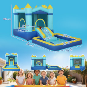 Castillo Hinchable para Niños con Soplador, Castillo Hinchable con Tobogán, Cama Elástica, Piscina y Aro de Baloncesto, para Niños 3-8 Años, Interior y Exterior, 364x173x182 cm, Azul