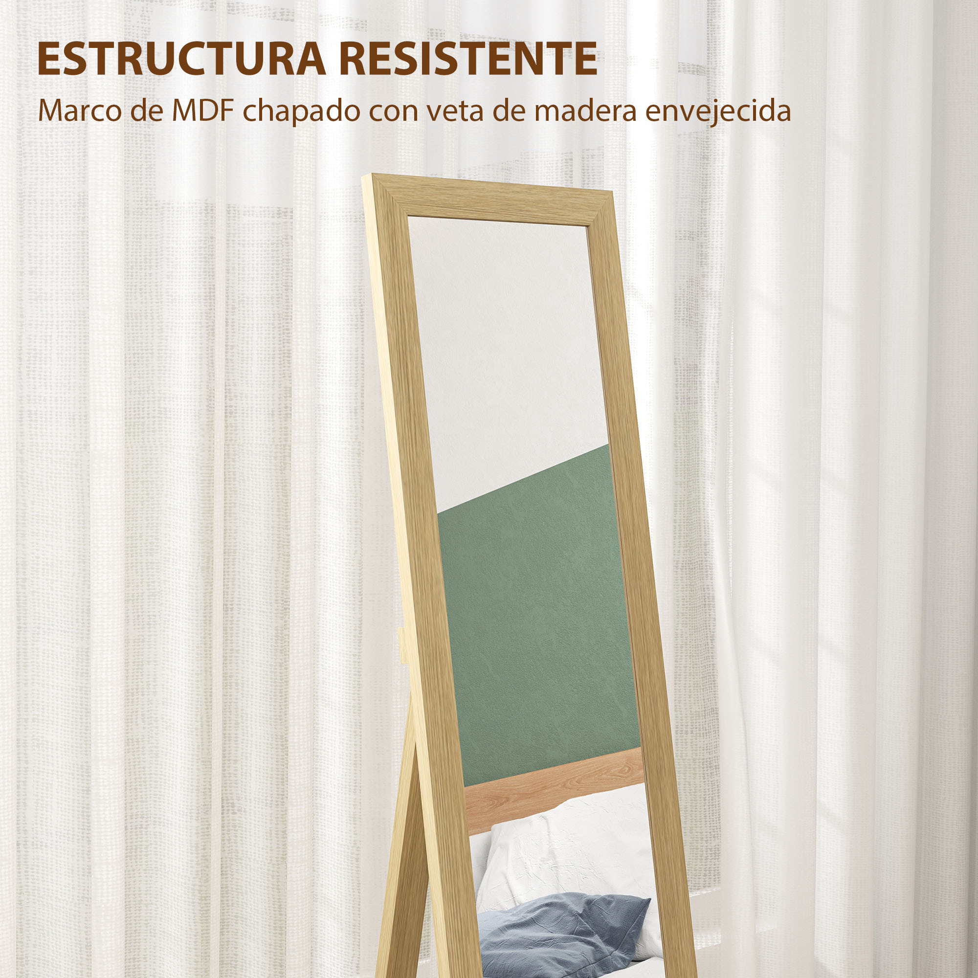 Espejo de Pie Cuerpo Entero 157x37 cm, Espejo de Cuerpo Entero con Soporte, 3 Formas de Uso, Independiente, Montaje Pared y Apoyado, para Salón, Entrada, Dormitorio, Roble