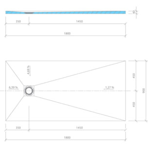 Receveur de douche à carreler 180 x 90 WEDI Fundo Primo rectangle écoulement excentré + bonde horizontale + kit d'étanchéité