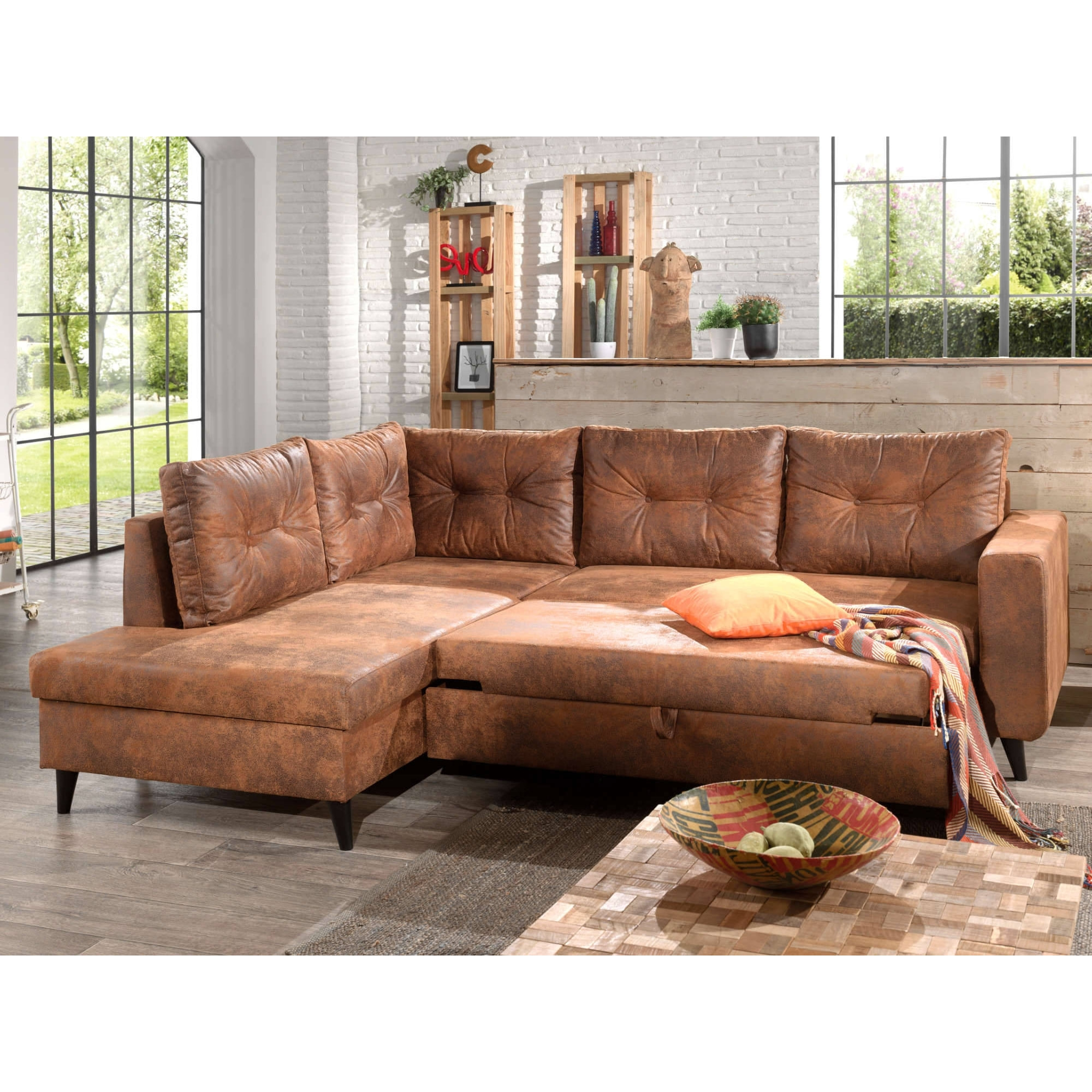 NORDIC - Canapé d'angle L - 5 places - Convertible - Industriel vintage - Gauche - Marron