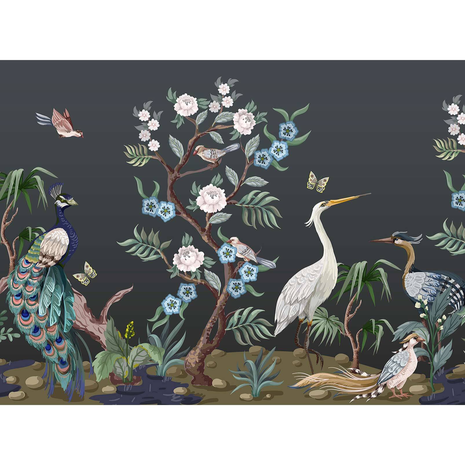 Papier peint panoramique oiseaux et nature élégante fond sombre Intissé