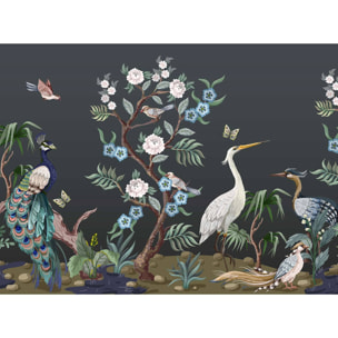 Papier peint panoramique oiseaux et nature élégante fond sombre Intissé