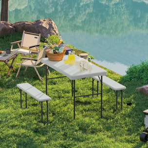 Ensemble table 2 bancs pliables avec poignées - usage pique-nique camping - métal époxy HDPE gris clair