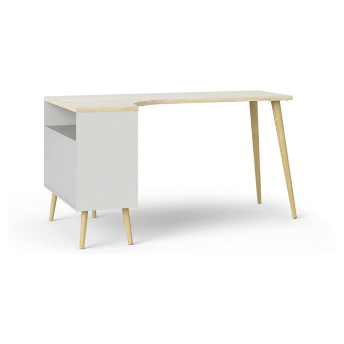Scrivania Katherine, Scrittoio multiuso, Tavolo per ufficio porta PC, Piano di lavoro, 145x81 h76 cm, Bianco e Quercia