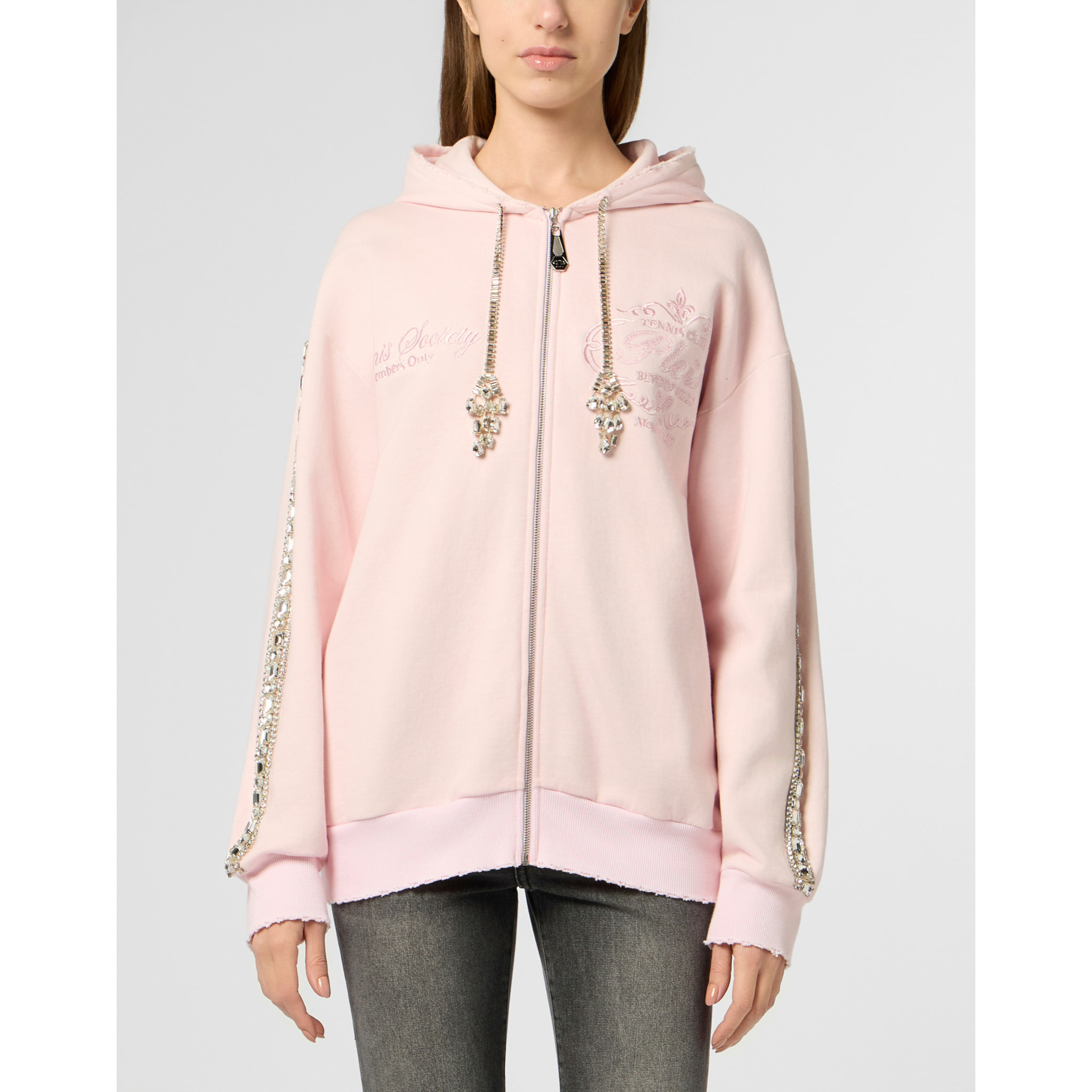 PHILIPP PLEIN Washed Zip Hoodie Tennis Club Crystals