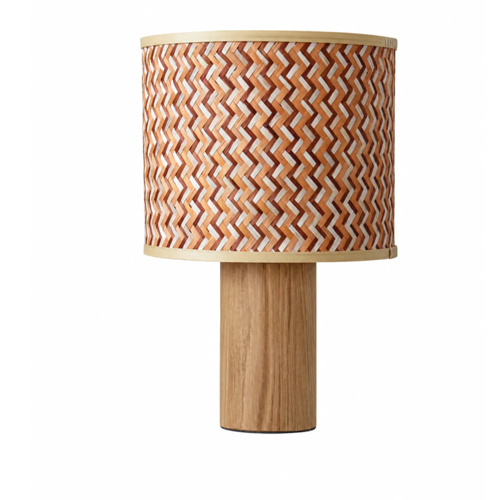 Grande lampe à poser bois de chêne, tressage en bambou crème et orange - Phil