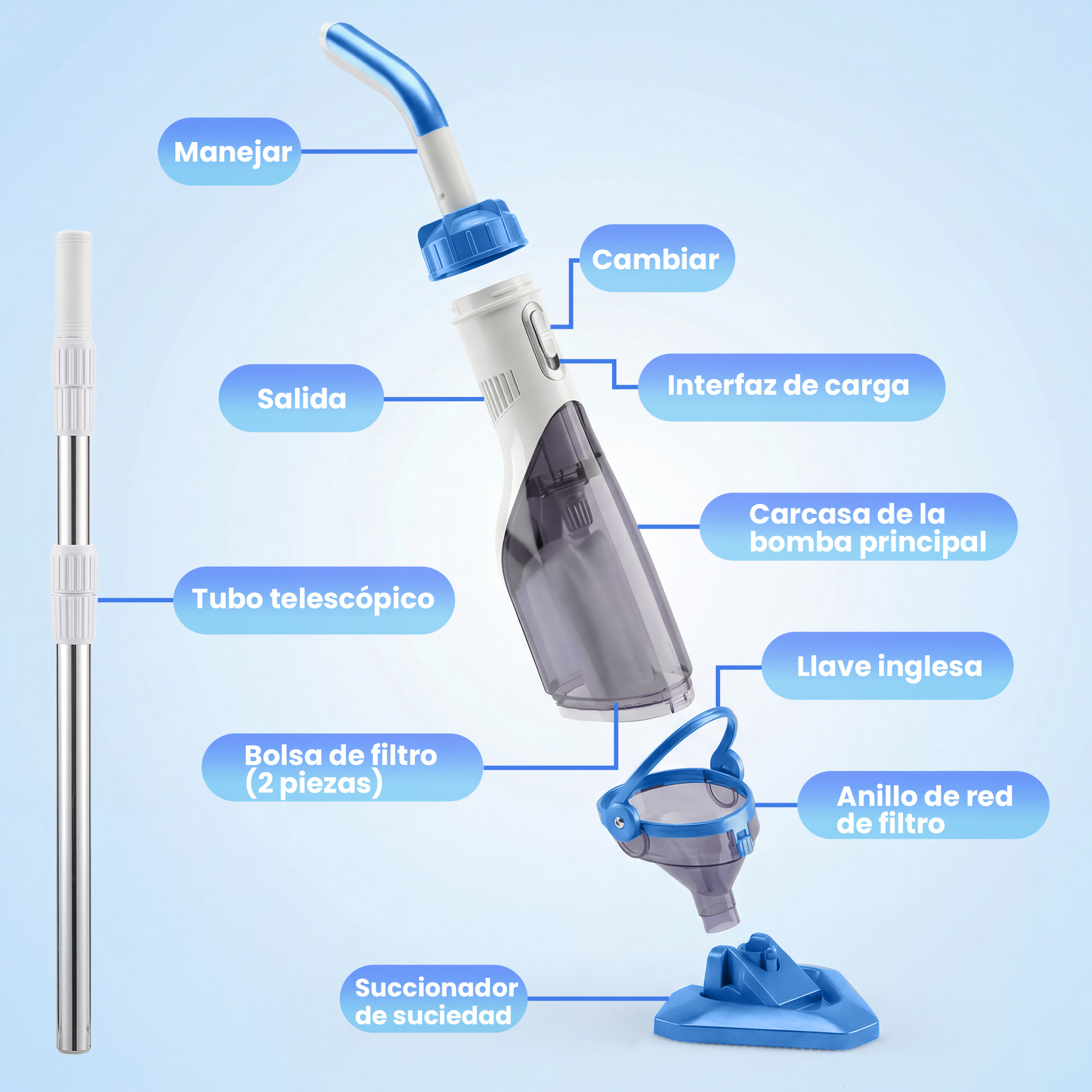 Limpiafondos de Piscina a Batería, Aspirador de Piscina Inalámbrica con Cepillo, Mango Telescópico 63-150 cm, Aspiradora Manual para Piscinas Pequeñas, Estanques, 60 Minutos Limpieza, Azul
