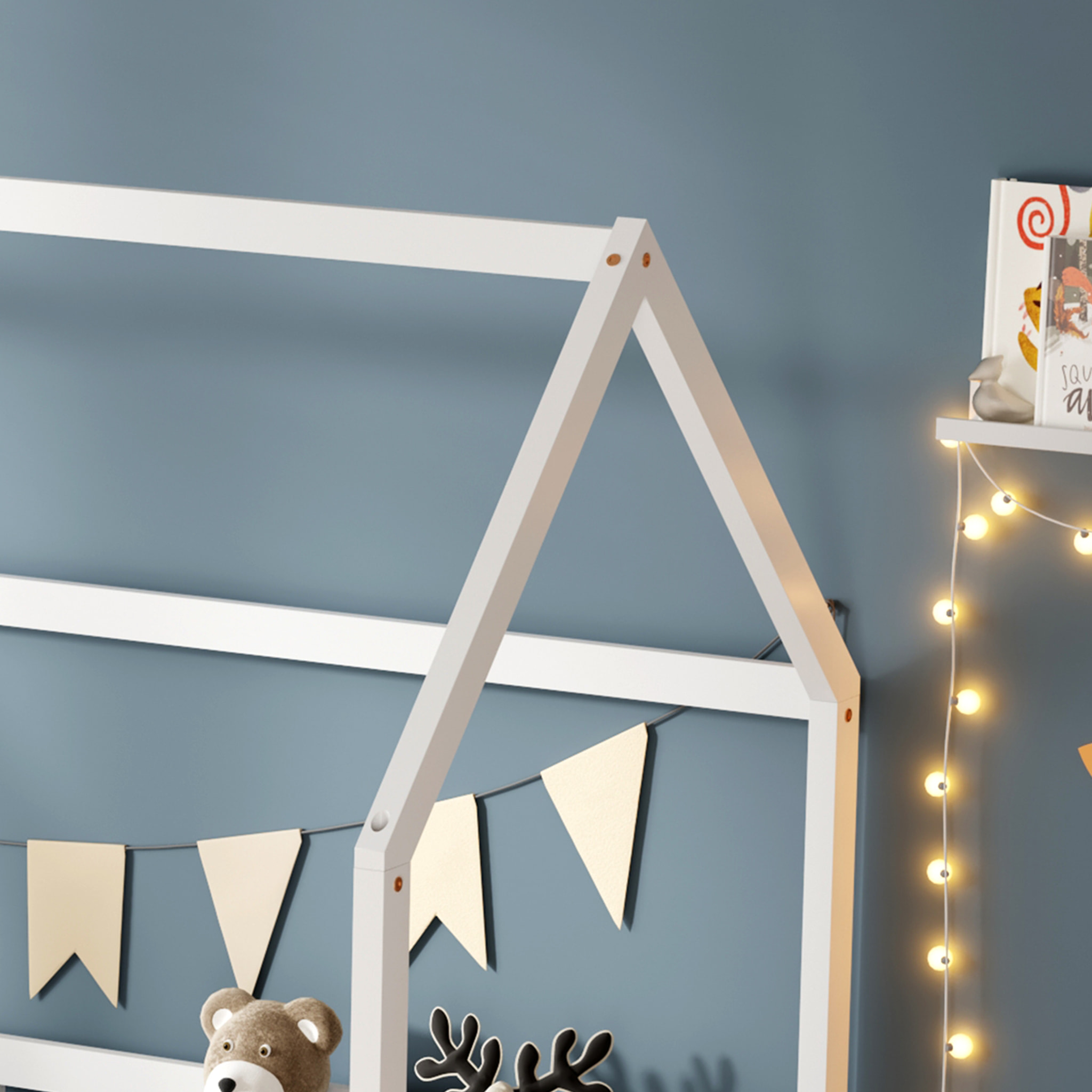 Lit Cabane Tchoupi 90 x 190 cm, Blanc, Bois de Pin Naturel, avec barrières latérales de sécurité