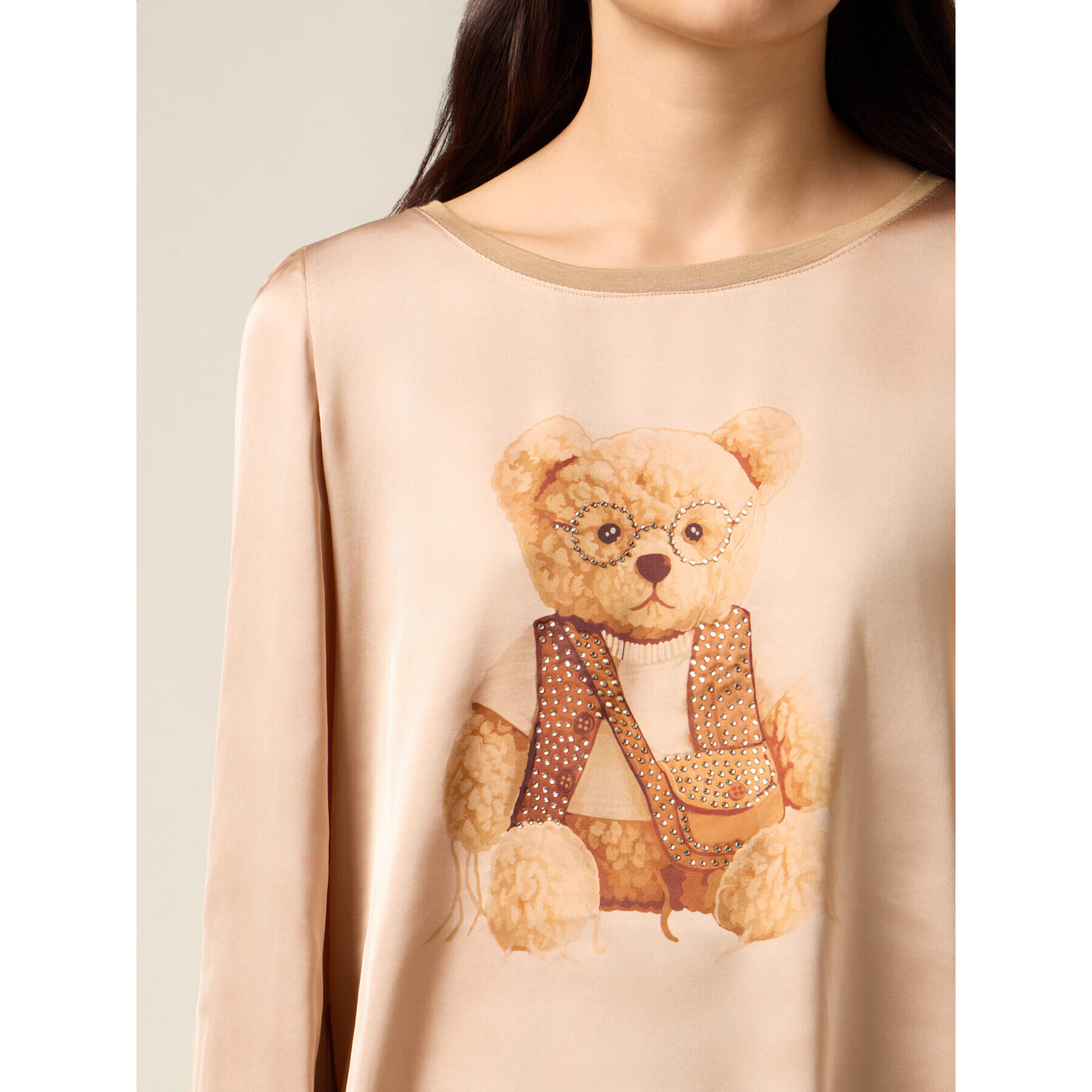 Oltre - T-shirt bimaterica con stampa e applicazioni - Beige