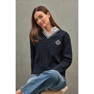 Maglione blu marino intrecciato con scollo a V e toppa nautica Polo Club