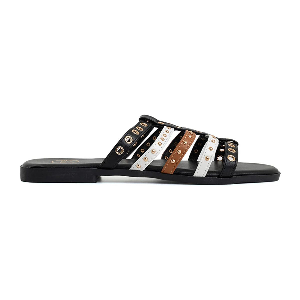 Ciabatta flat tricolor con occhielli - NERO