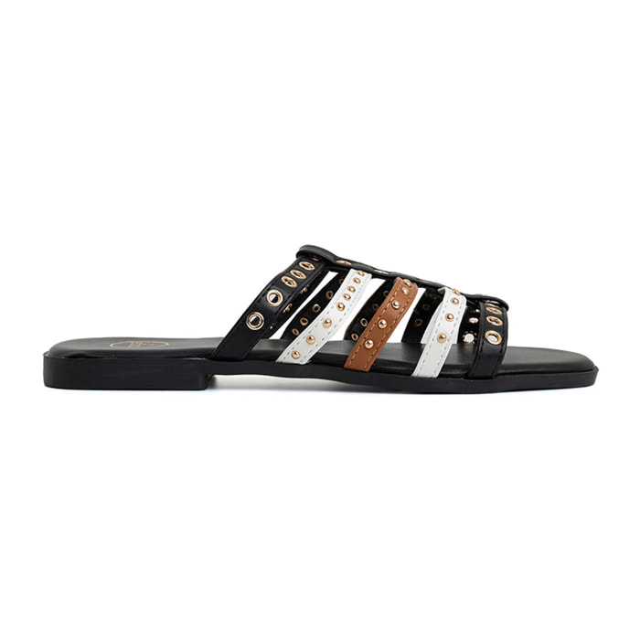 Ciabatta flat tricolor con occhielli - NERO