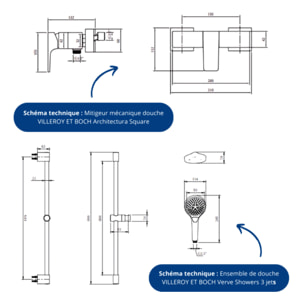 Mitigeur mécanique douche VILLEROY ET BOCH Architectura Square + Ensemble de douche VILLEROY ET BOCH Verve Showers 3 jets