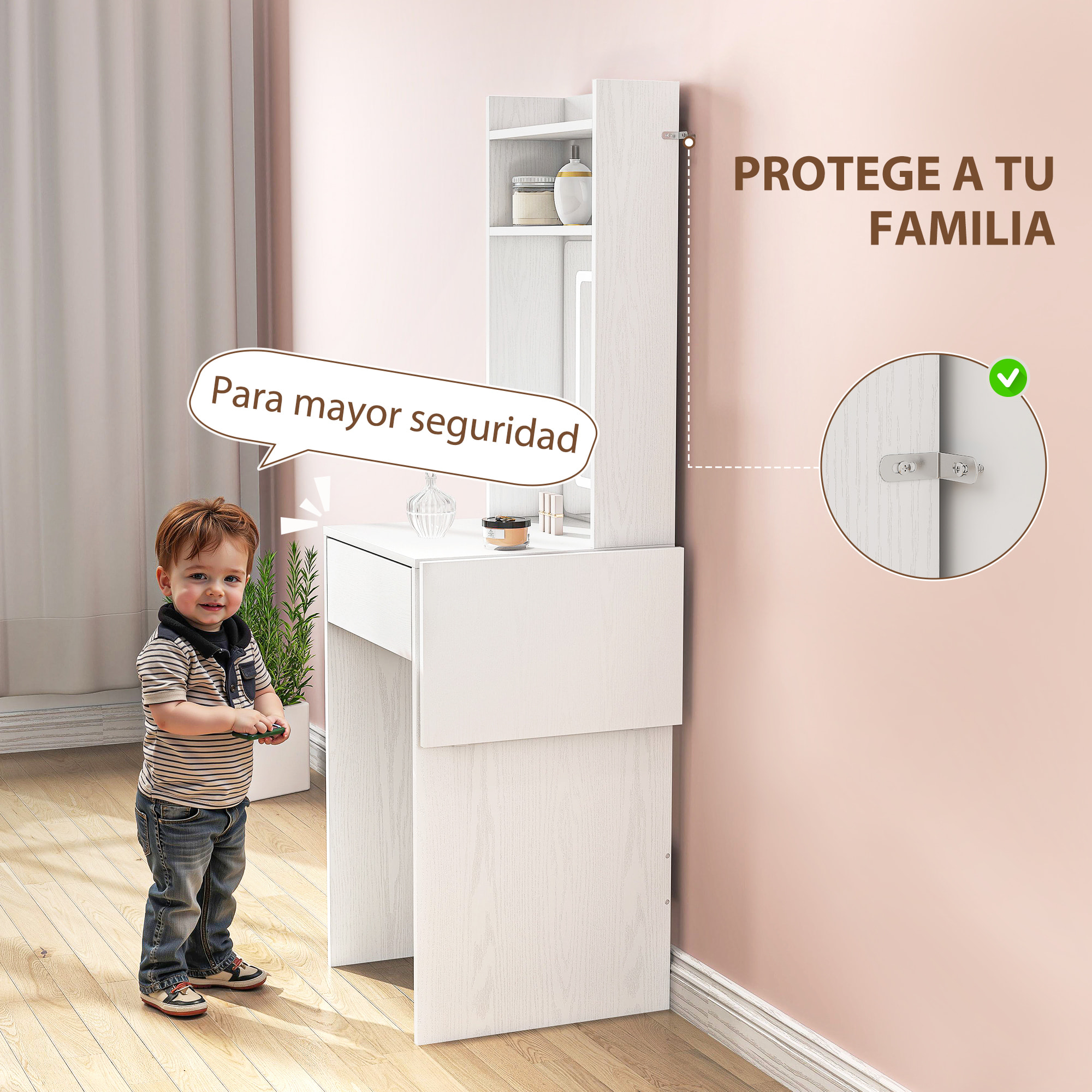 Tocador de Maquillaje con Luces LED de Color Ajustable y Espejo Tocador con Lateral Abatible Cajón Compartimentos Abiertos para Espacios Pequeños Blanco