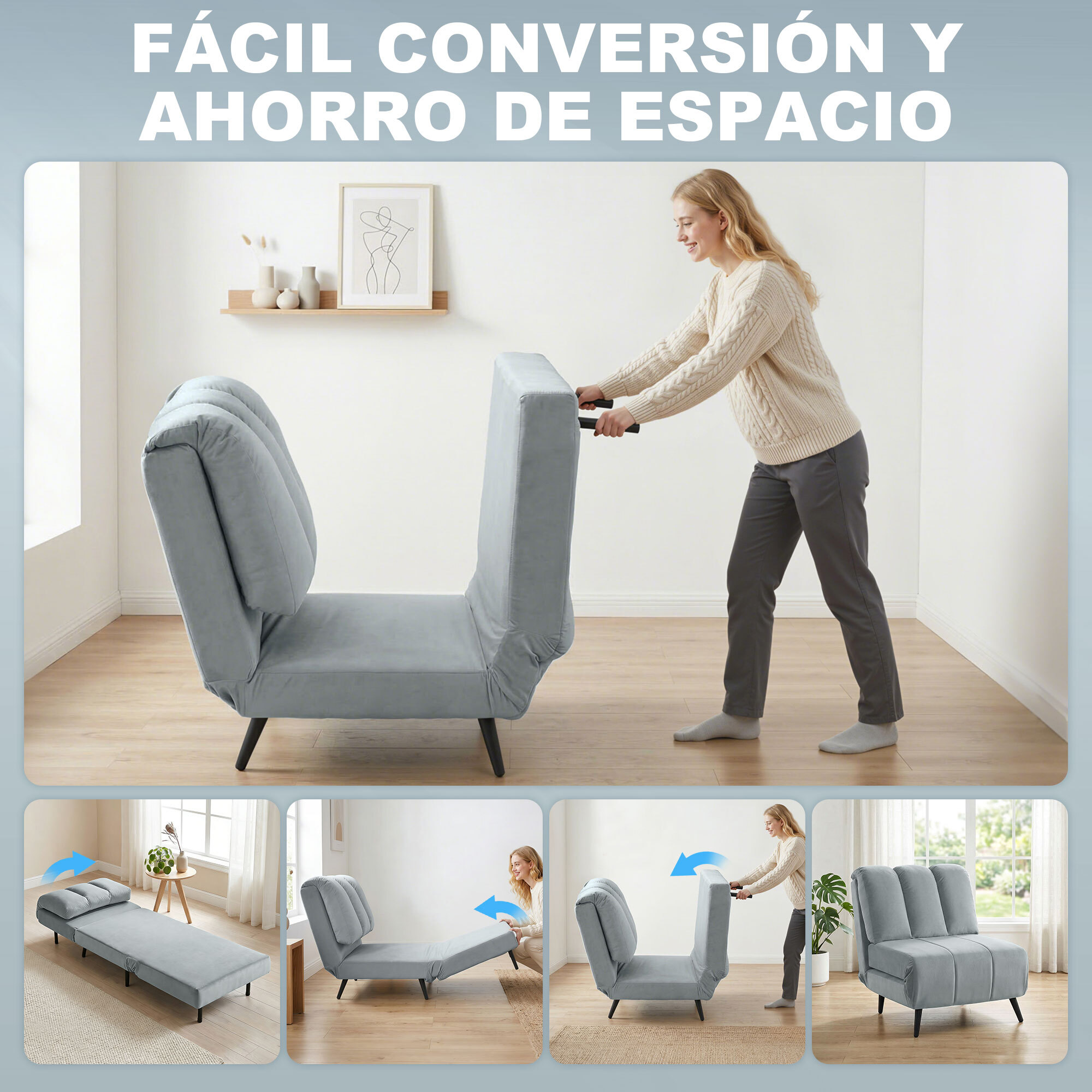 Sofá Cama de 1 Plaza 3 en 1, Sofá Cama Plegable Tapizado en Terciopelo con Respaldo Ajustable en 3 Niveles, Cojín Grueso para Dormitorio, Salón, Oficina, Fácil Montaje, 72x88x87 cm, Gris