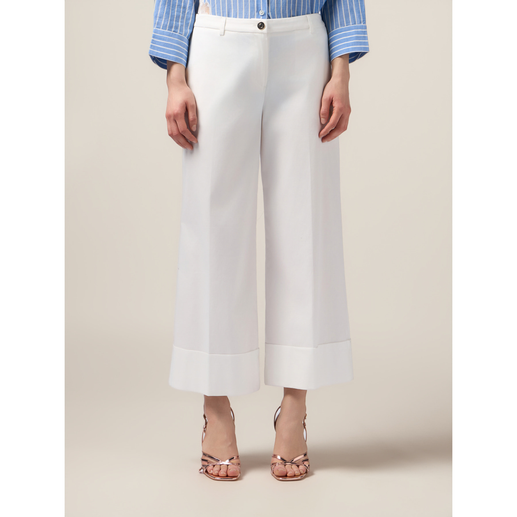 Oltre - Pantalones palazzo de mezcla de algodón - Blanco