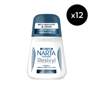 Lot de 12 - Narta Resixyl Homme Déodorant Détranspirant Bille 4 jours Sans Alcool 50ml