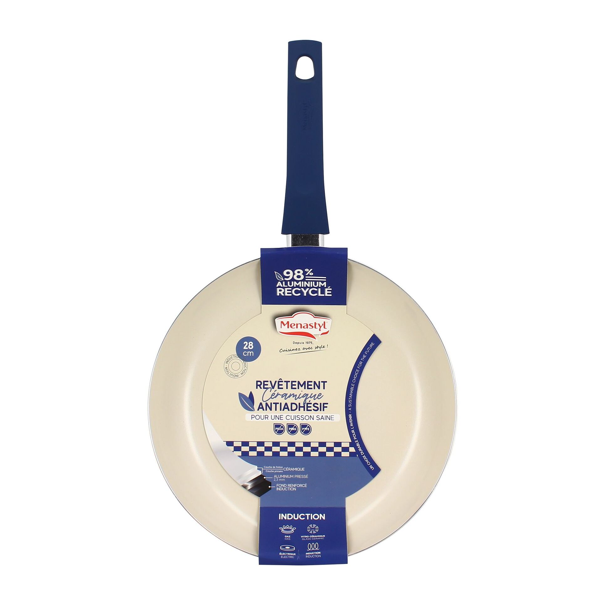 Poêle 28cm en aluminium recyclé et antiadhésif bleu - tout feux GINETTE