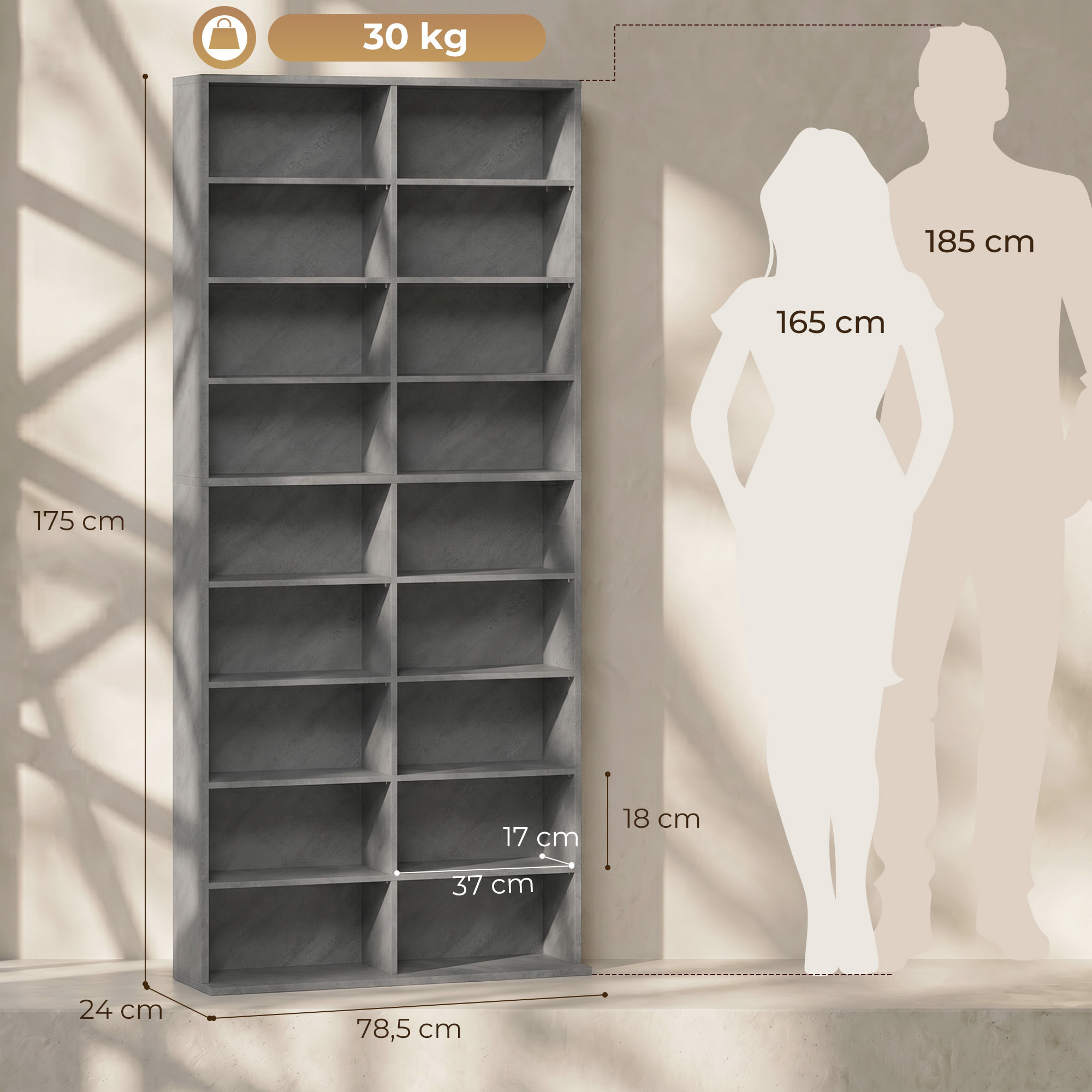 Étagère pour CD et DVD - 18 compartiments, 14 étagères réglables - 78,5x24x175cm - gris