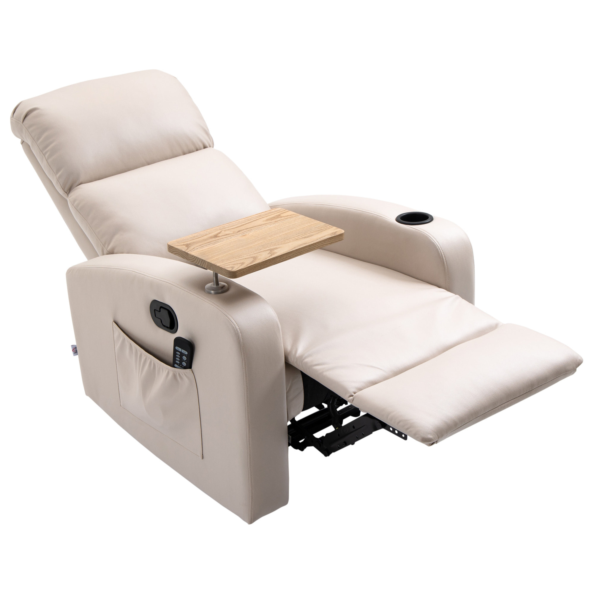 HOMCOM Sillón de Masaje Sillón Relax Eléctrico con 4 Modos de Vibración Reclinación 145° Tapizado en Microfibra Mando a Distancia Mesita 2 Bolsillos Laterales y Posavasos 77x93x105 cm Beige