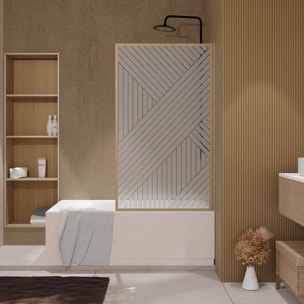 Pare baignoire pivotant 140x80 cm HINATA - style Japandi géométrique - Cadre effet bois - Verre 5 mm