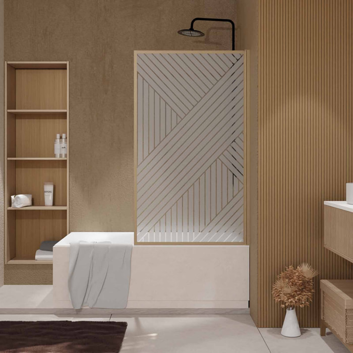 Pare baignoire pivotant 140x80 cm HINATA - style Japandi géométrique - Cadre effet bois - Verre 5 mm