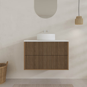 Meuble Salle de Bains YUKI 60 2 Tiroirs Décor Chêne et Noir Cranté - Plan et Vasque Blanche