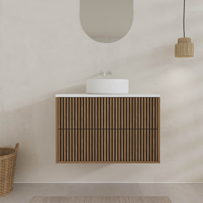 Meuble Salle de Bains YUKI 60 2 Tiroirs Décor Chêne et Noir Cranté - Plan et Vasque Blanche