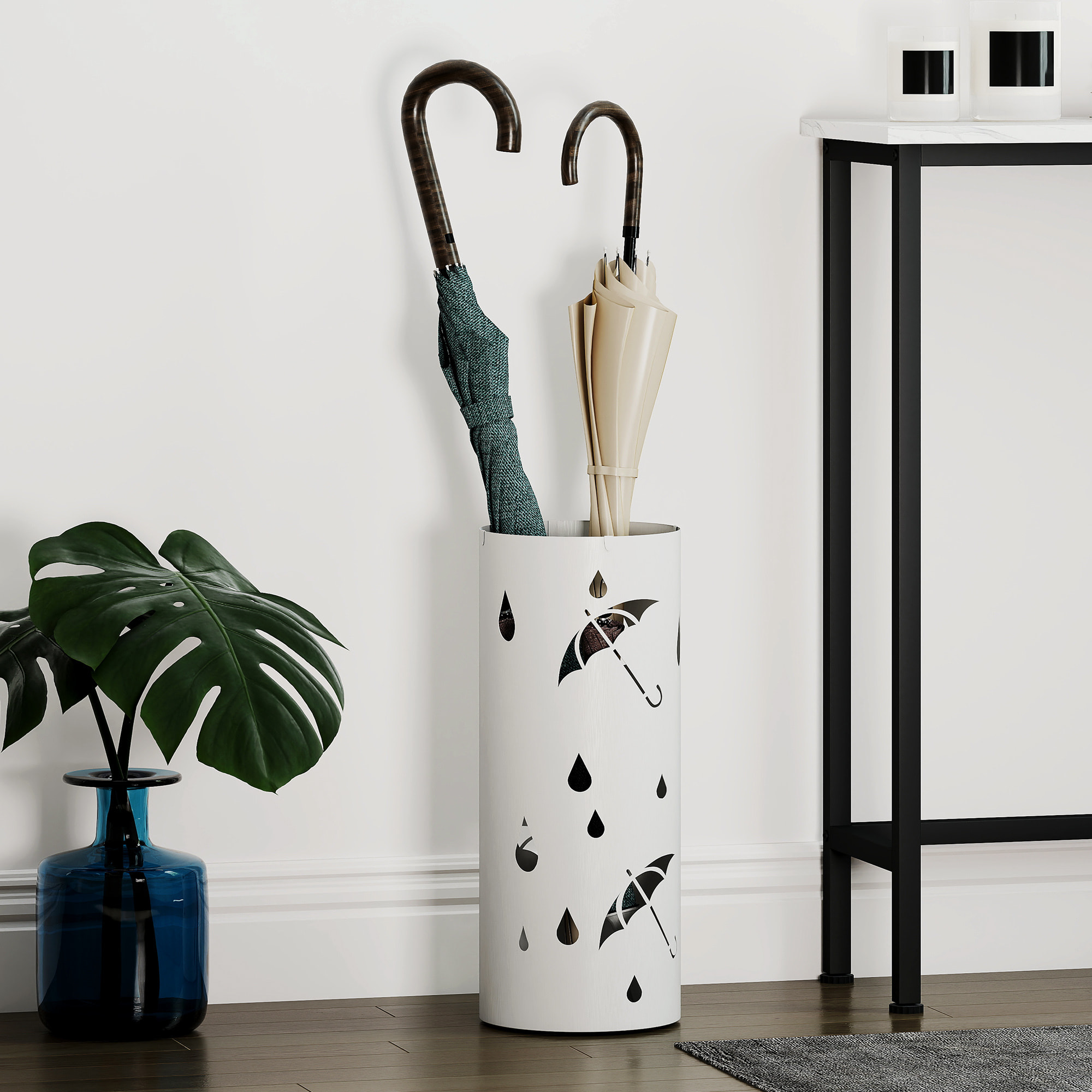 Porte-parapluie design - support parapluie H.41cm - 4 crochets, bac à eau - acier blanc
