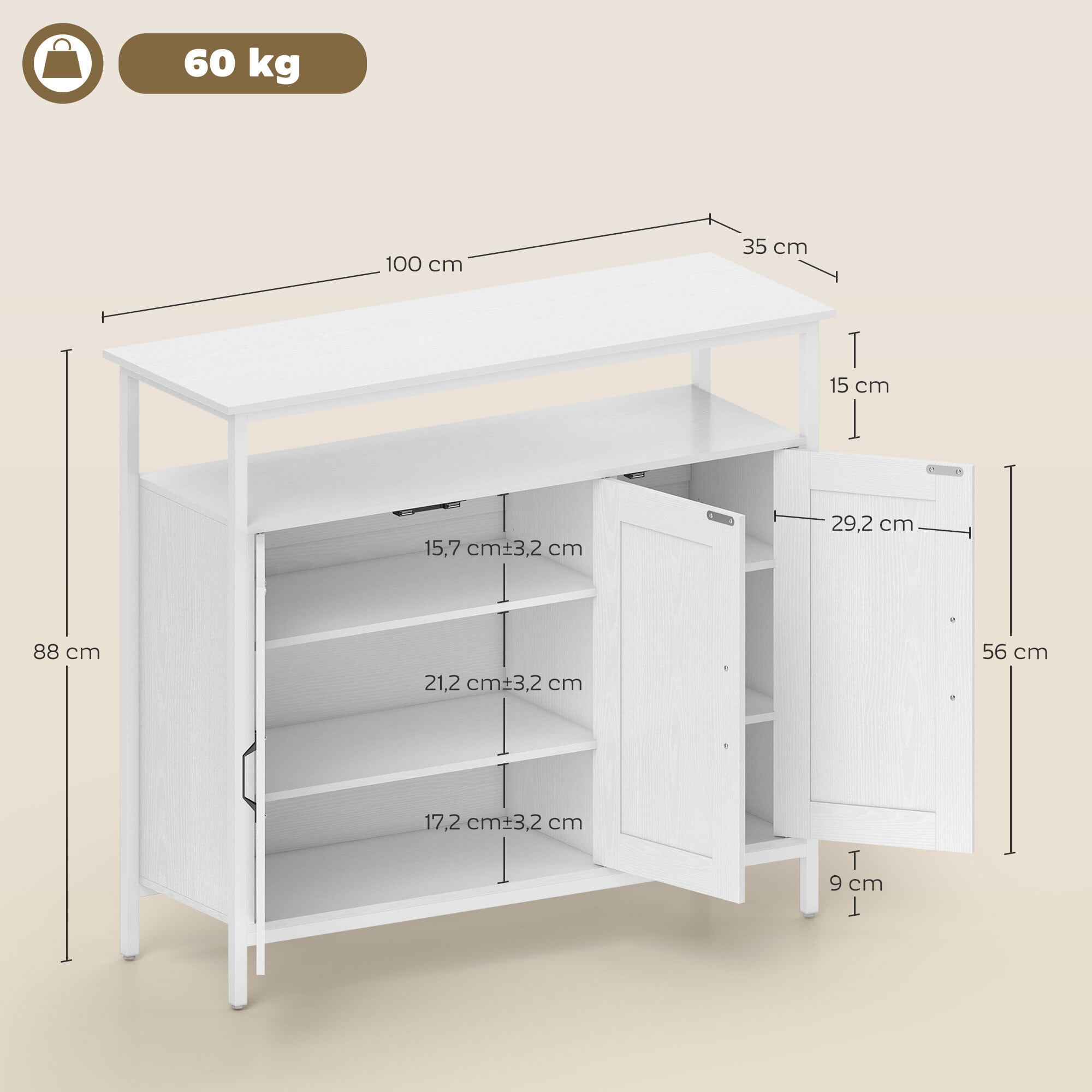 Aparador 3 Puertas, Aparador para Salón Industrial, con Compartimento Abierto, Estantes Ajustables, para Comedor, Entrada, Dormitorio, Blanco, 100x35x88 cm