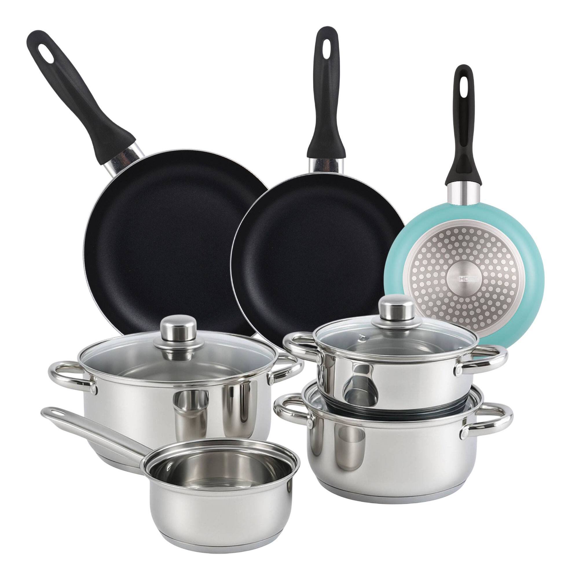 set de batería de cocina de 7pc en acero inoxidable + 3 sartenes ø16ø20ø24cm azul mate en aluminio prensado