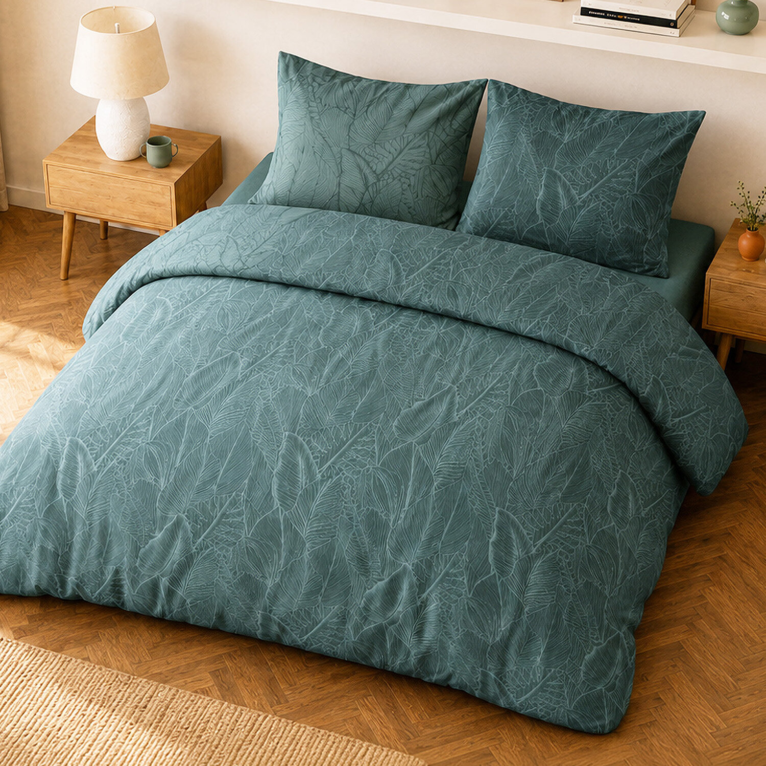 Parure housse de couette 100% percale de coton motif feuilles tropicales - SYLVAE