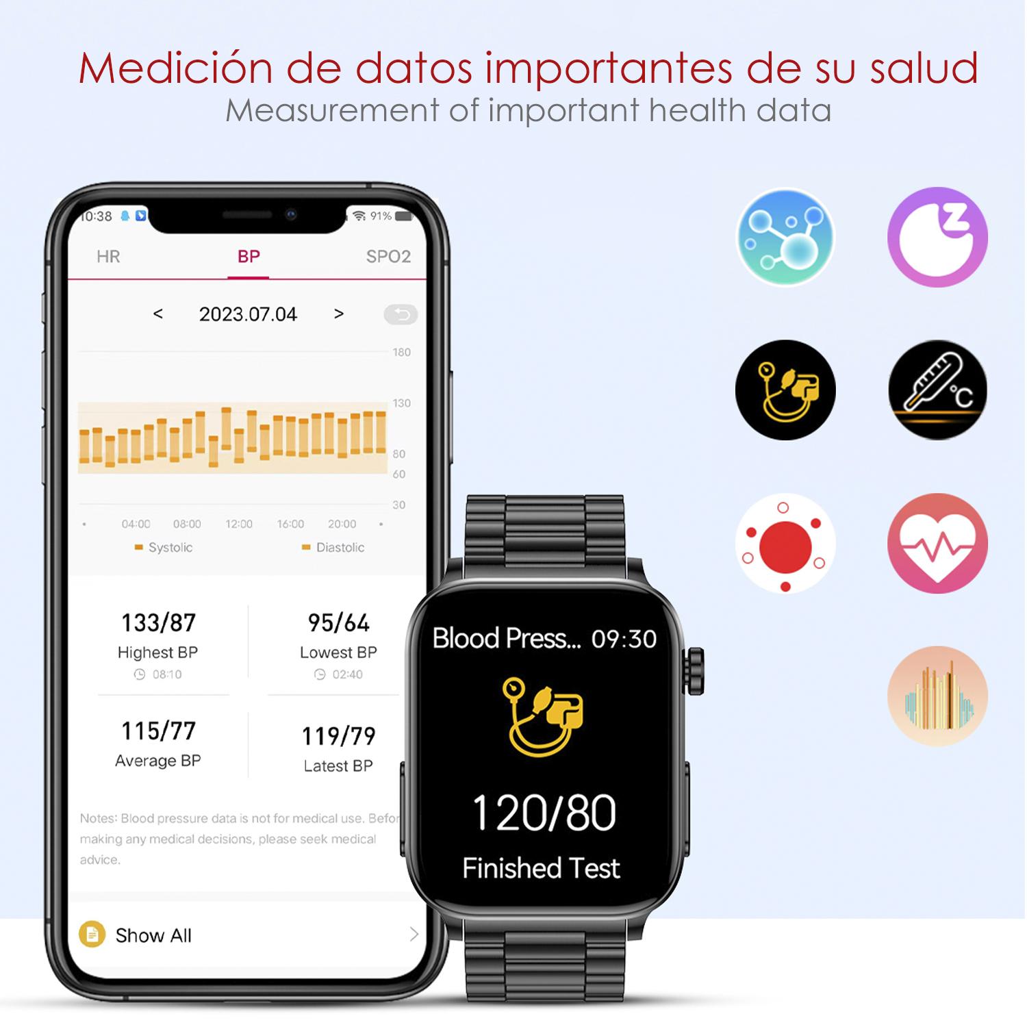 DAM Smartwatch TK15. ECG , glucosa en sangre, ácido úrico y lípidos, IMC grasa corporal, temperatura, O2 y tensión. 5,1x1,2x4,6 Cm. Color: Negro