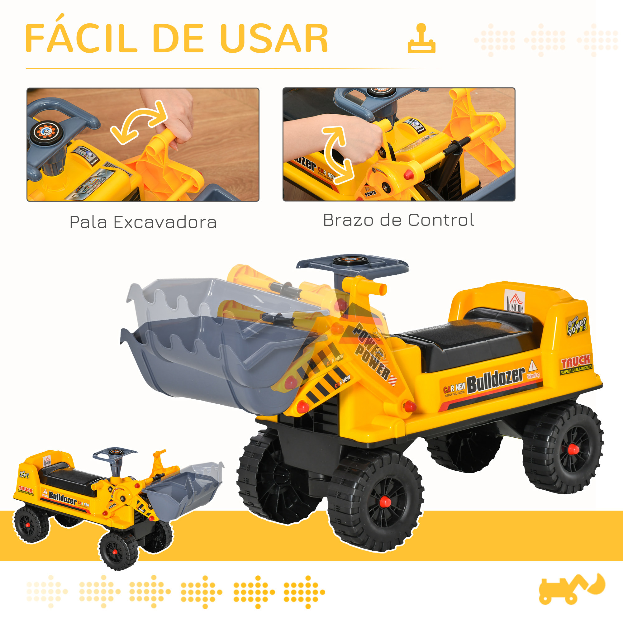 Tractor Infantil sin Pedales con Pala Excavadora y Bocina 70x26x37cm Amarillo